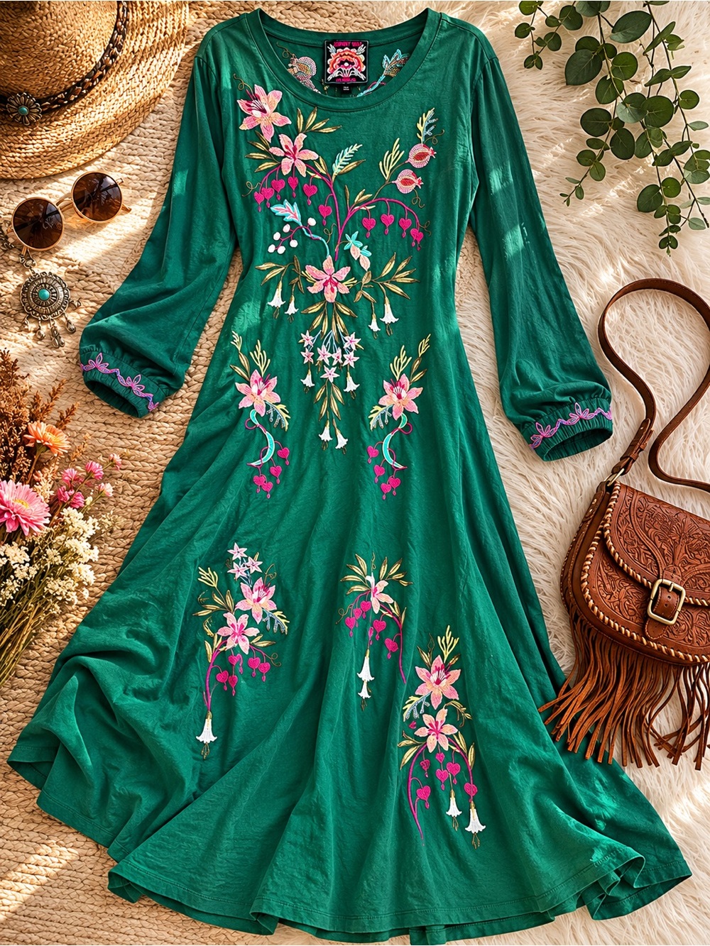 Johnny Was Amarylla Embroidered Green Boho Dress XXL
